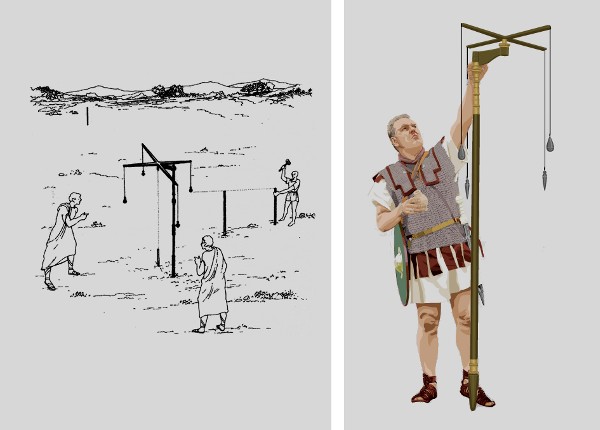 Obr. 11: Groma - geodetická pomůcka, používaná ve starověkém Římě k vytyčování pravých úhlů. A) použití přístroje v praxi. B) Detailní podoba přístroje.